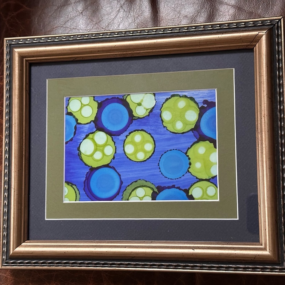 Hand made original abstract framed alcohol ink green and blue painting